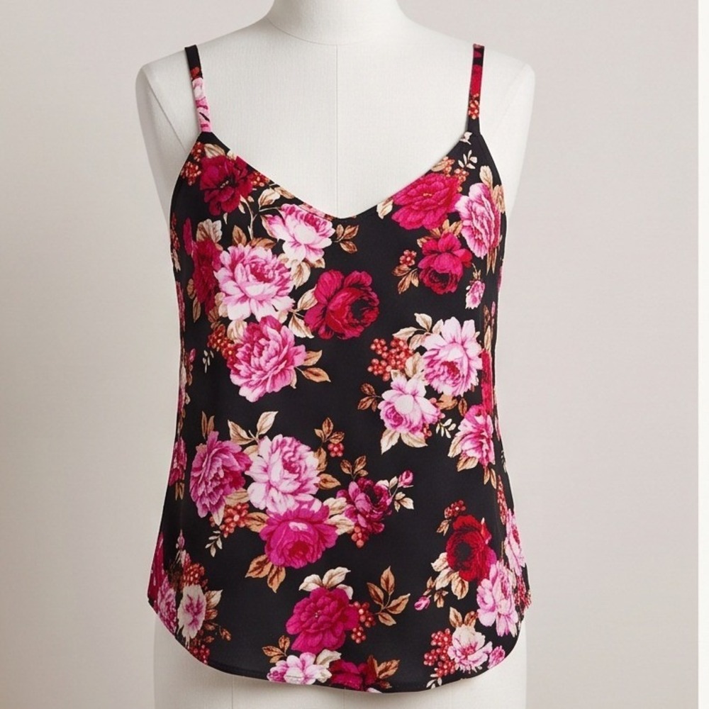Torrid 0 Floral Cami Tank Top Black Pink Rose Rayon Spandex Size‎ XL